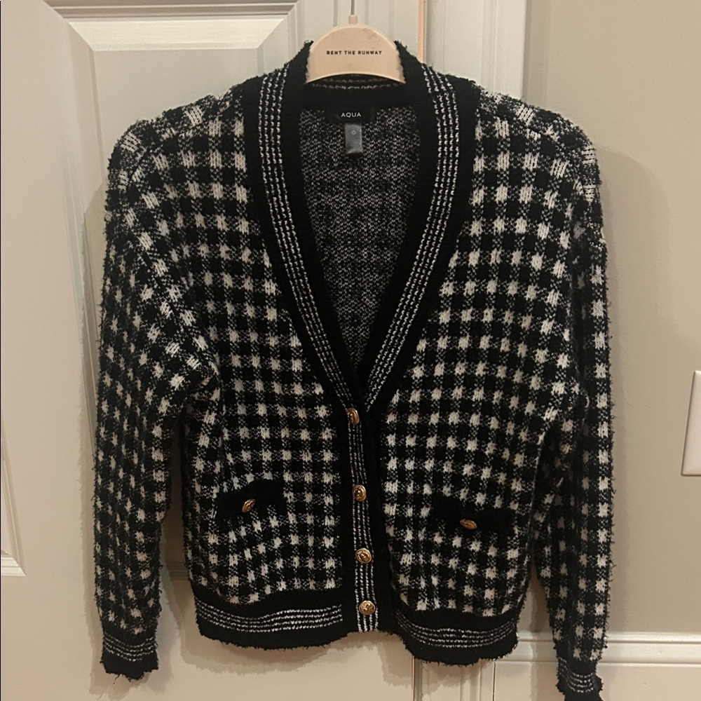 Aqua Black and White Checkered Knit Cardigan